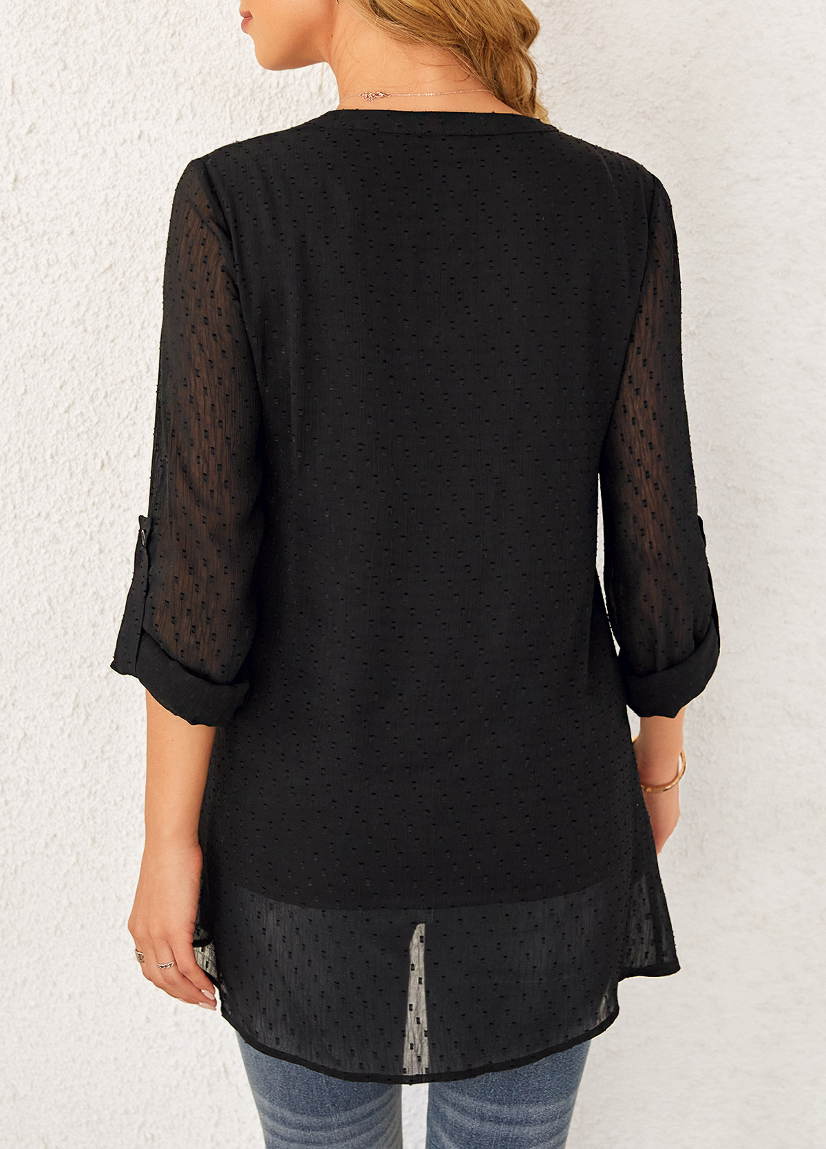 Black tops,Plain Color tops,ROTITA Crossover Hem Roll Tab Sleeve Black Blouse