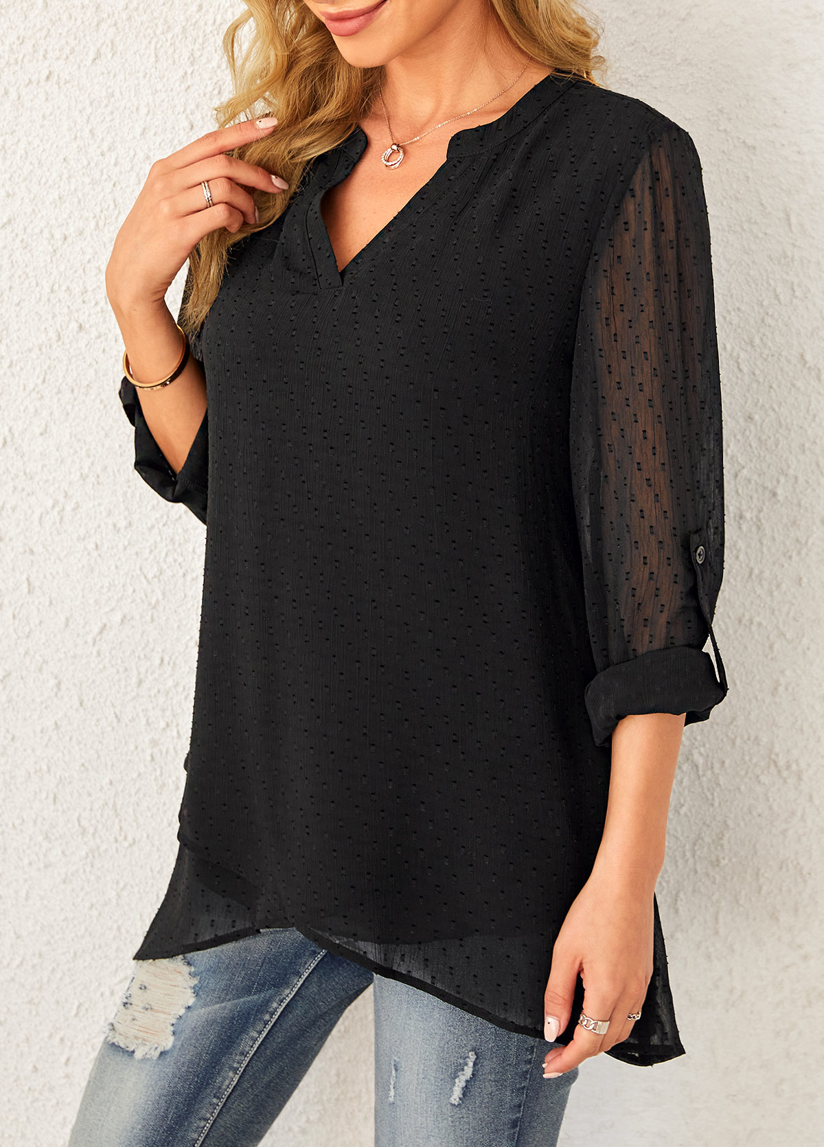 Black tops,Plain Color tops,ROTITA Crossover Hem Roll Tab Sleeve Black Blouse