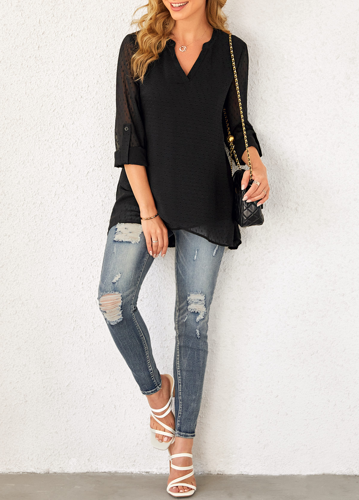 Black tops,Plain Color tops,ROTITA Crossover Hem Roll Tab Sleeve Black Blouse