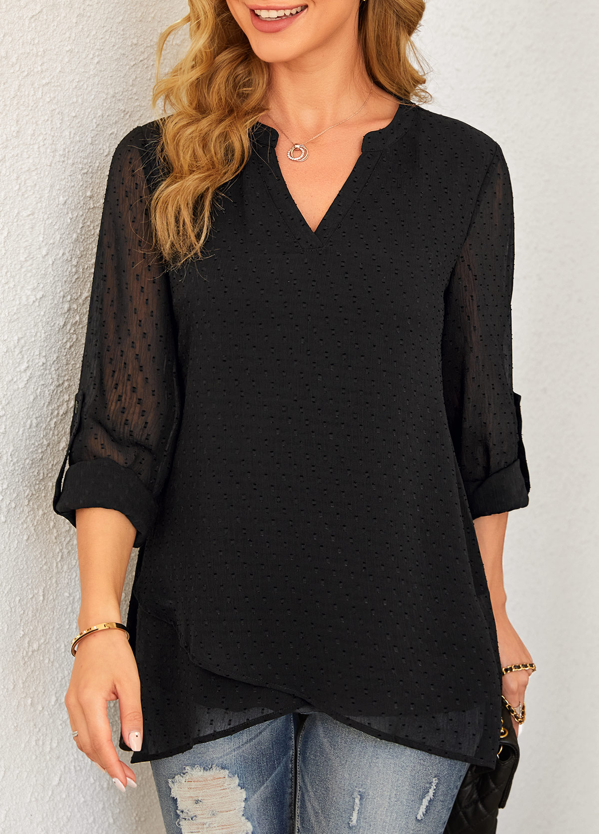 Black tops,Plain Color tops,ROTITA Crossover Hem Roll Tab Sleeve Black Blouse