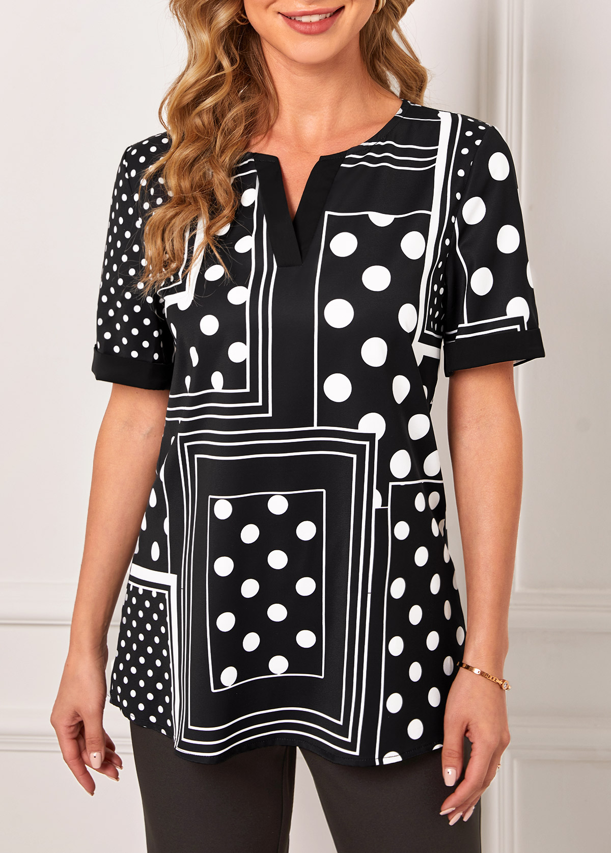 ROTITA Black Polka Dot Geometric Print Split Neck T Shirt