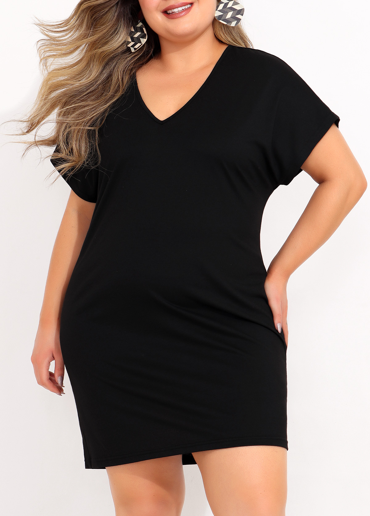 Black plus size,Plain Color plus size,ROTITA Black Plus Size Sheer Back Short Sleeve Cover Up