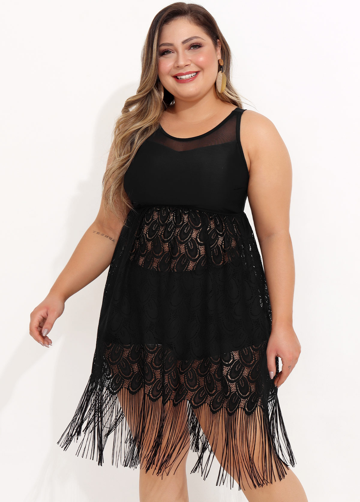Black plus size,Plain Color plus size,ROTITA Lace Stitching Tassel Black Plus Size Swimdress Top