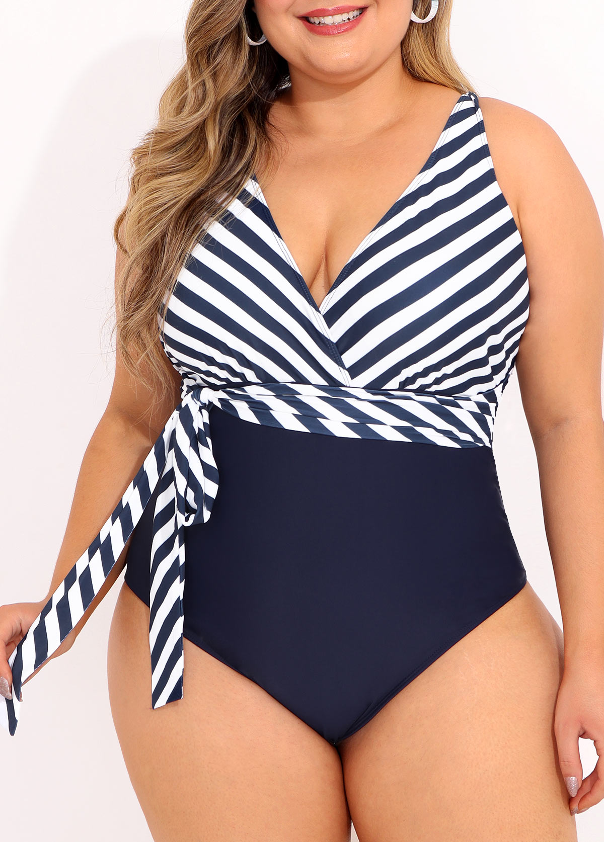 Navy plus size,Striped plus size,ROTITA Tie Side Navy Blue Plus Size One Piece Swimwear