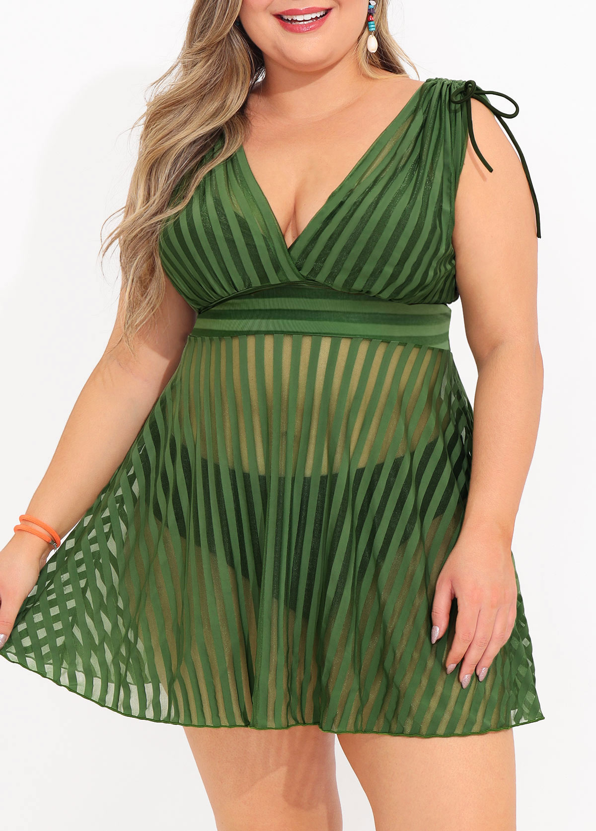 ROTITA Striped Plus Size Olive Green Swimdress Top-No Bottom