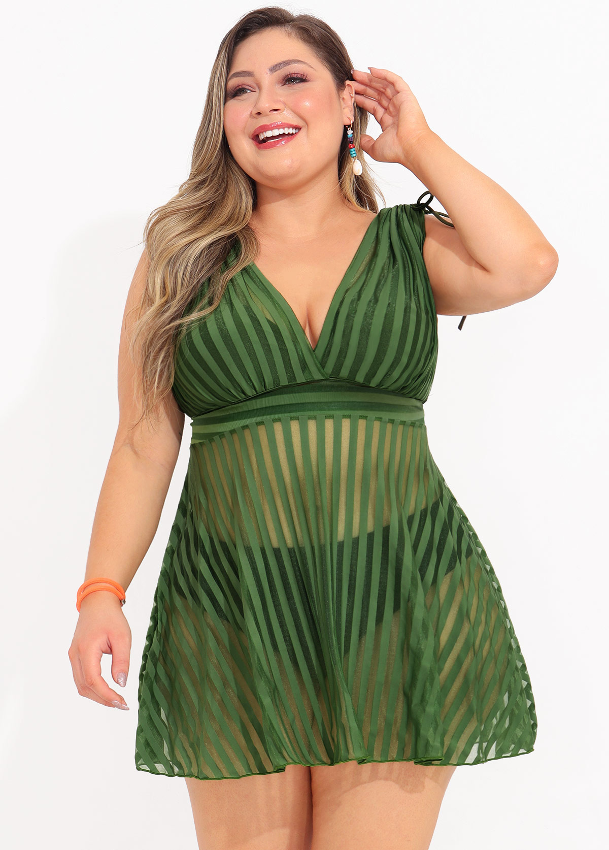 Olive Green plus size,Striped plus size,ROTITA Striped Plus Size Olive Green Swimdress Top