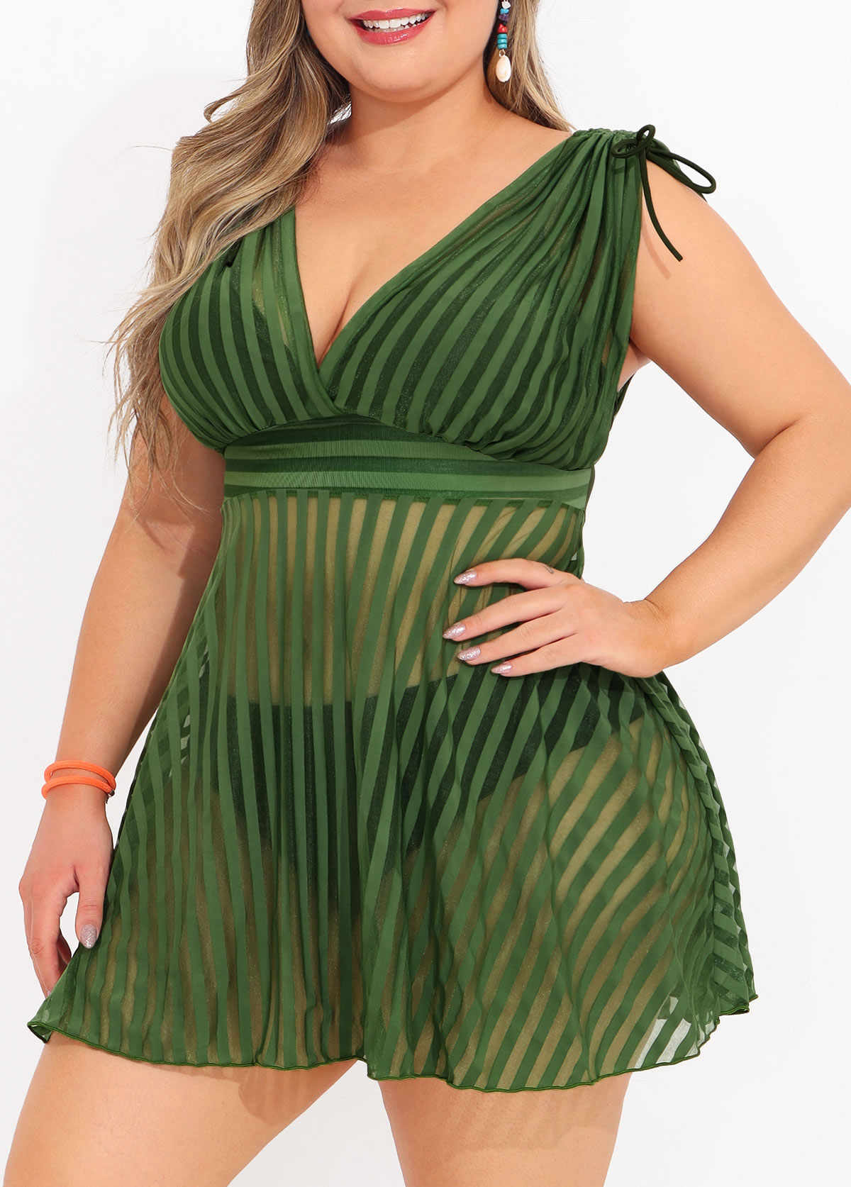 Olive Green plus size,Striped plus size,ROTITA Striped Plus Size Olive Green Swimdress Top