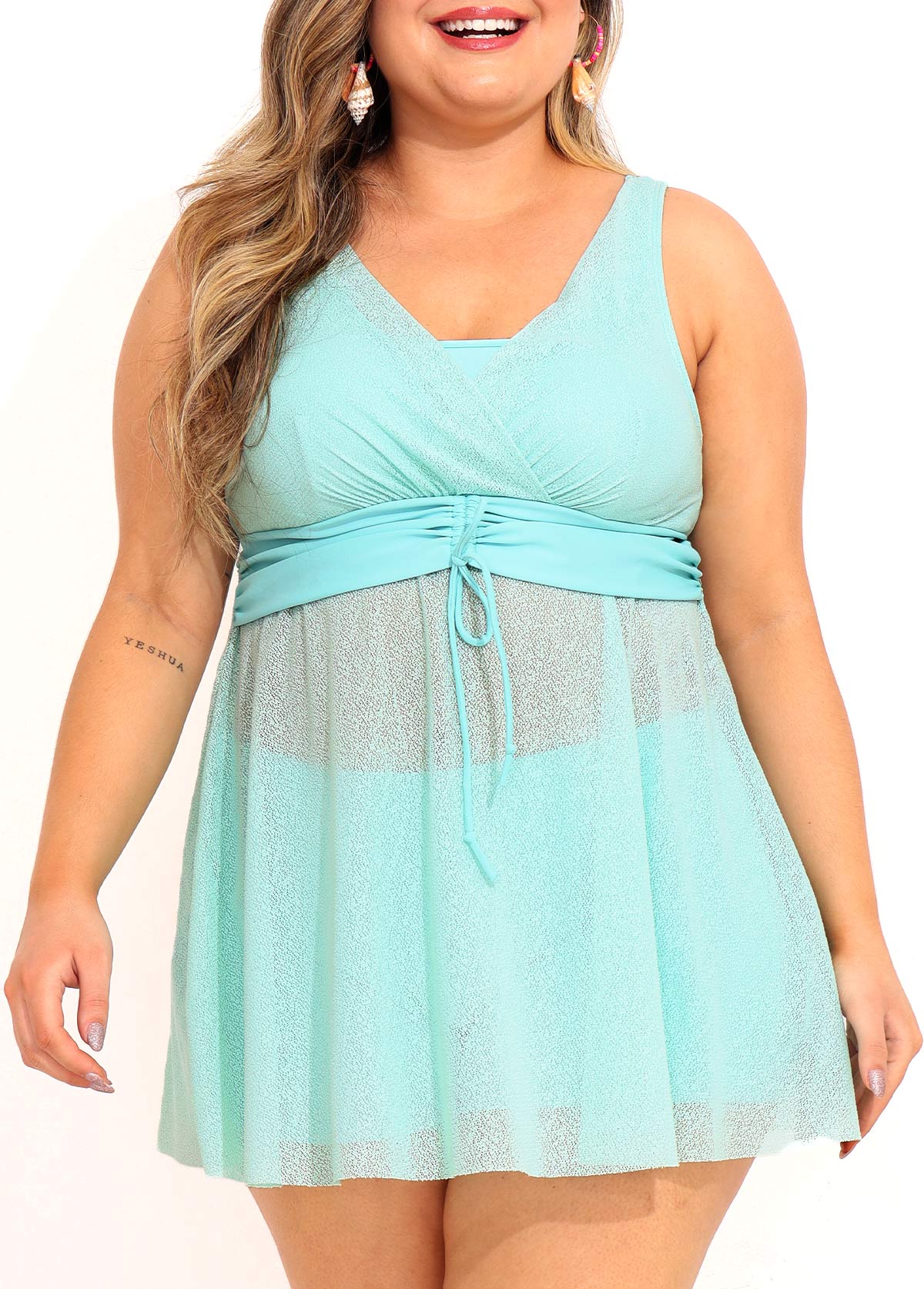 ROTITA Plus Size Cyan Drawstring Detail Swimdress and Shorts