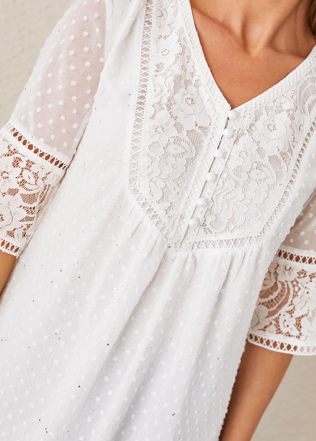 White tops,Plain Color tops,ROTITA Lace Stitching White Sequin V Neck Blouse