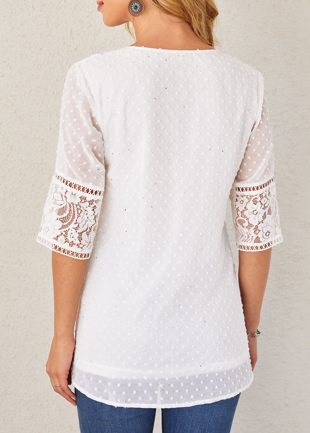 White tops,Plain Color tops,ROTITA Lace Stitching White Sequin V Neck Blouse