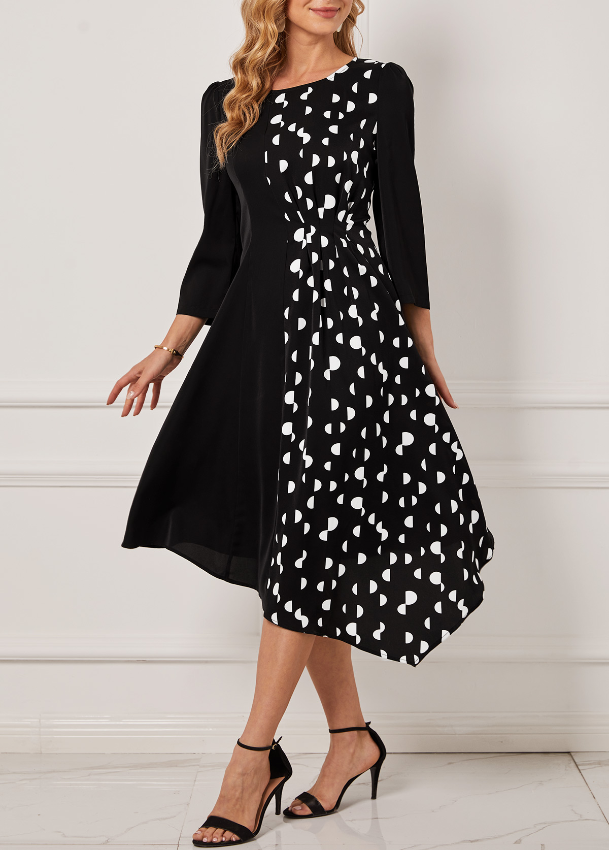 Black dresses,Dot dresses,ROTITA Polka Dot Asymmetric Hem Black Dress