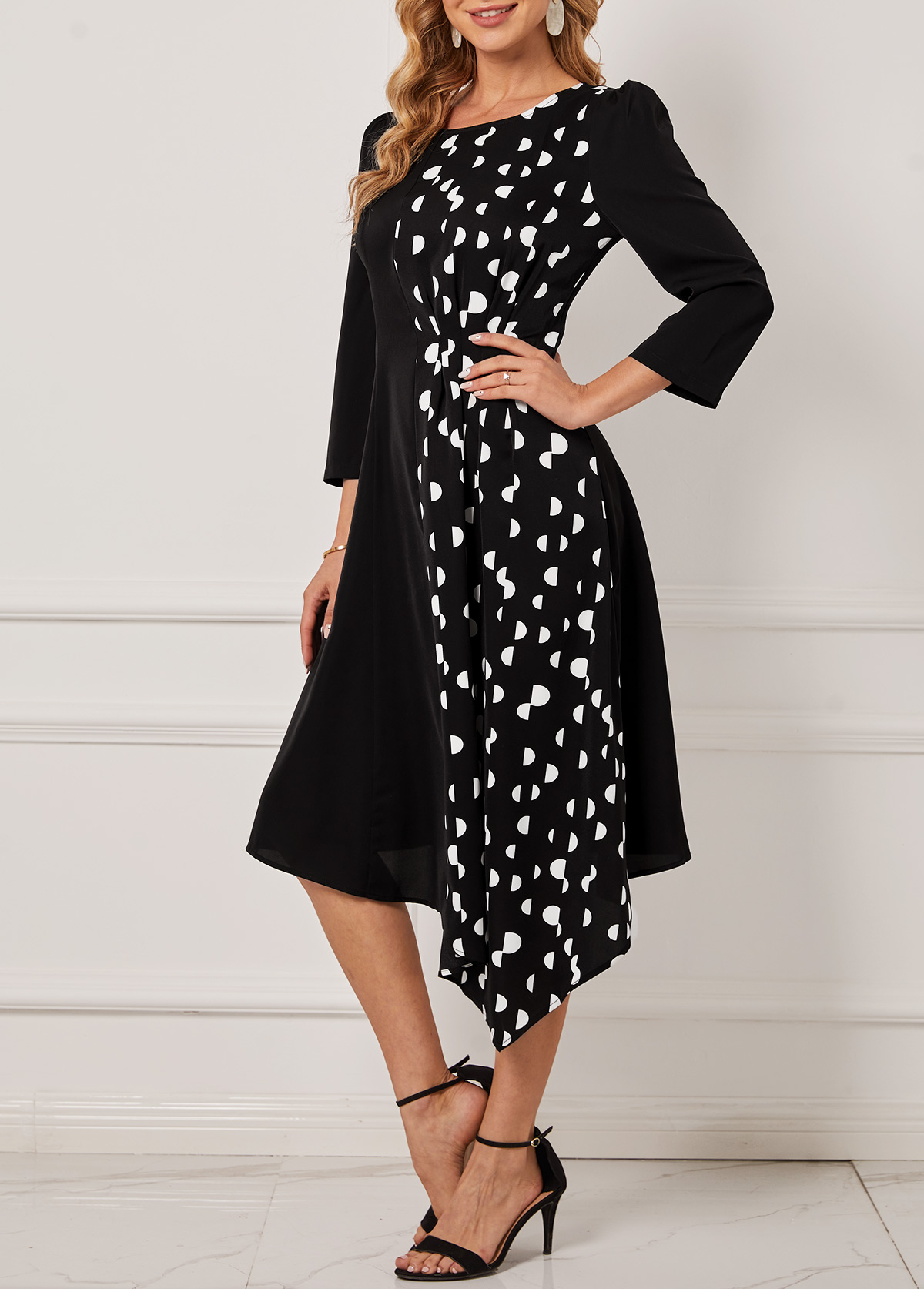 Black dresses,Dot dresses,ROTITA Polka Dot Asymmetric Hem Black Dress