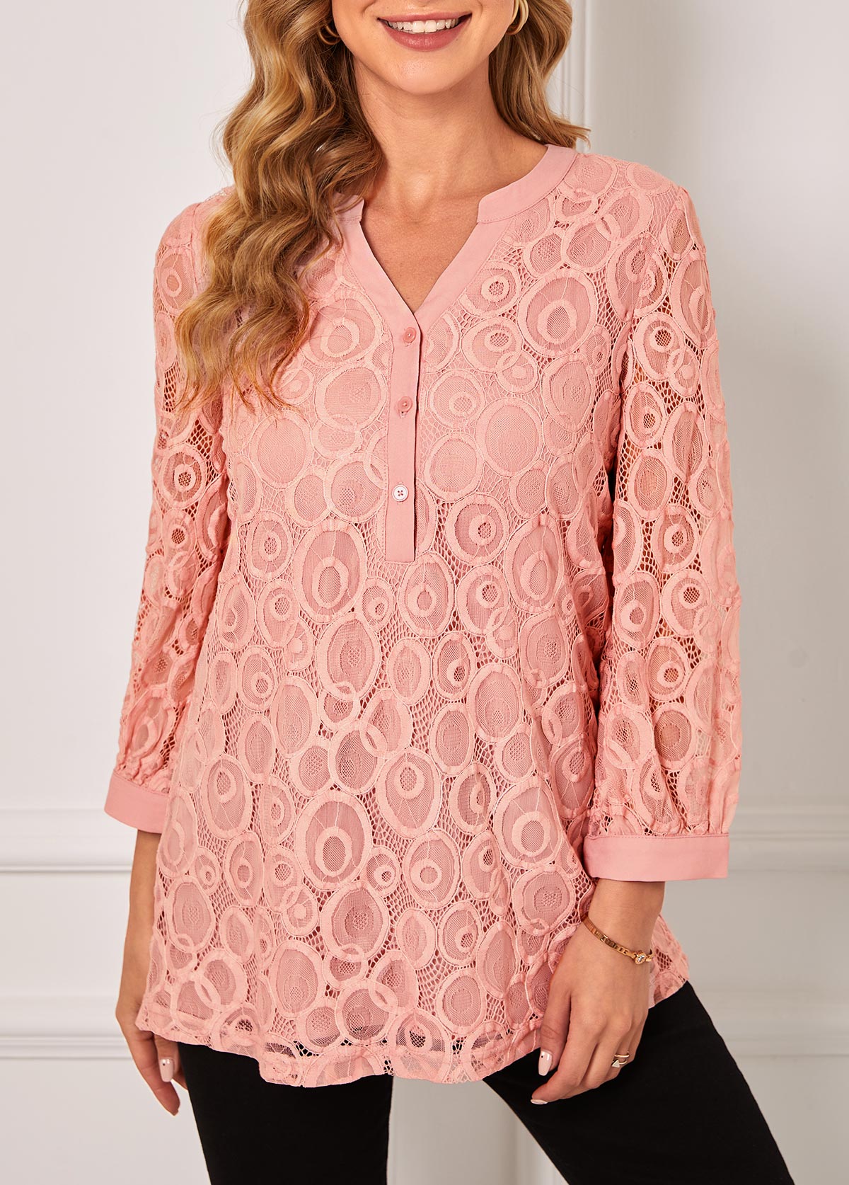 ROTITA Lace Stitching Pink Split Neck Blouse