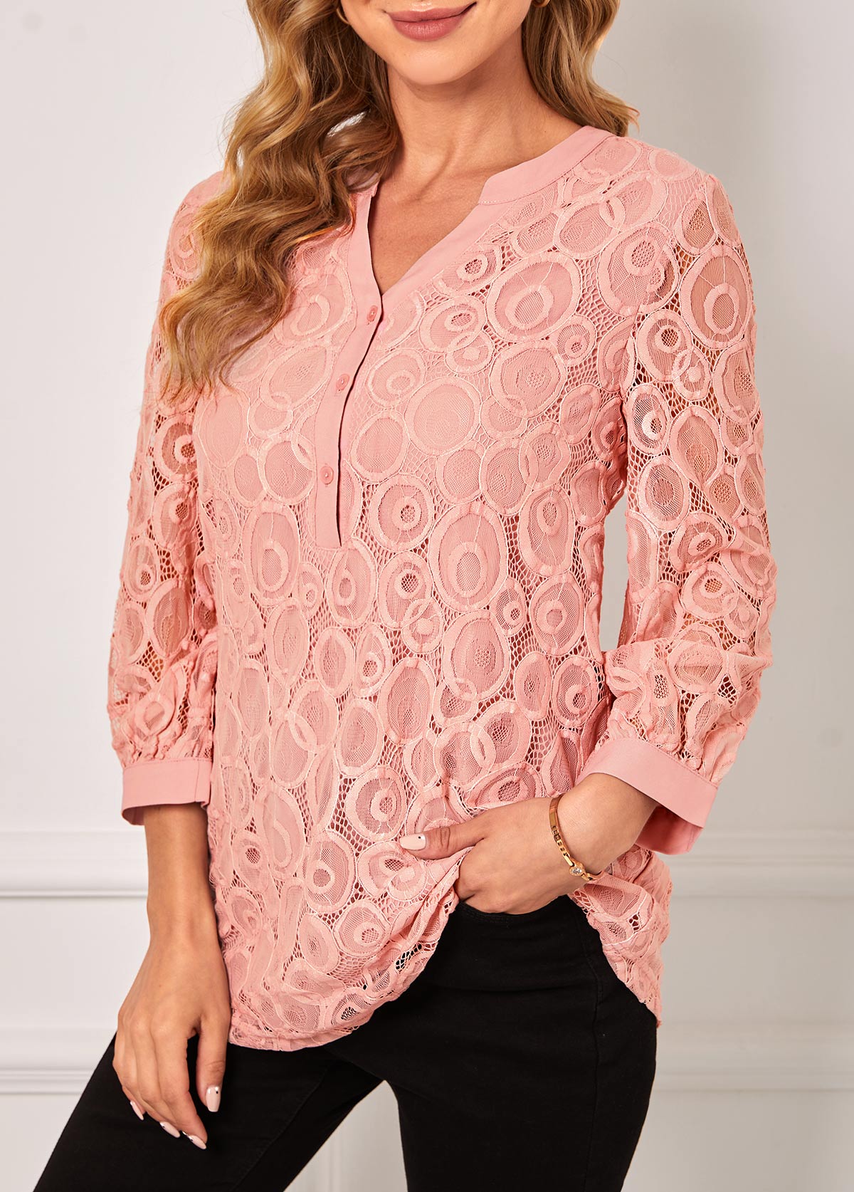 Pink tops,Plain Color tops,ROTITA Lace Stitching Pink Split Neck Blouse