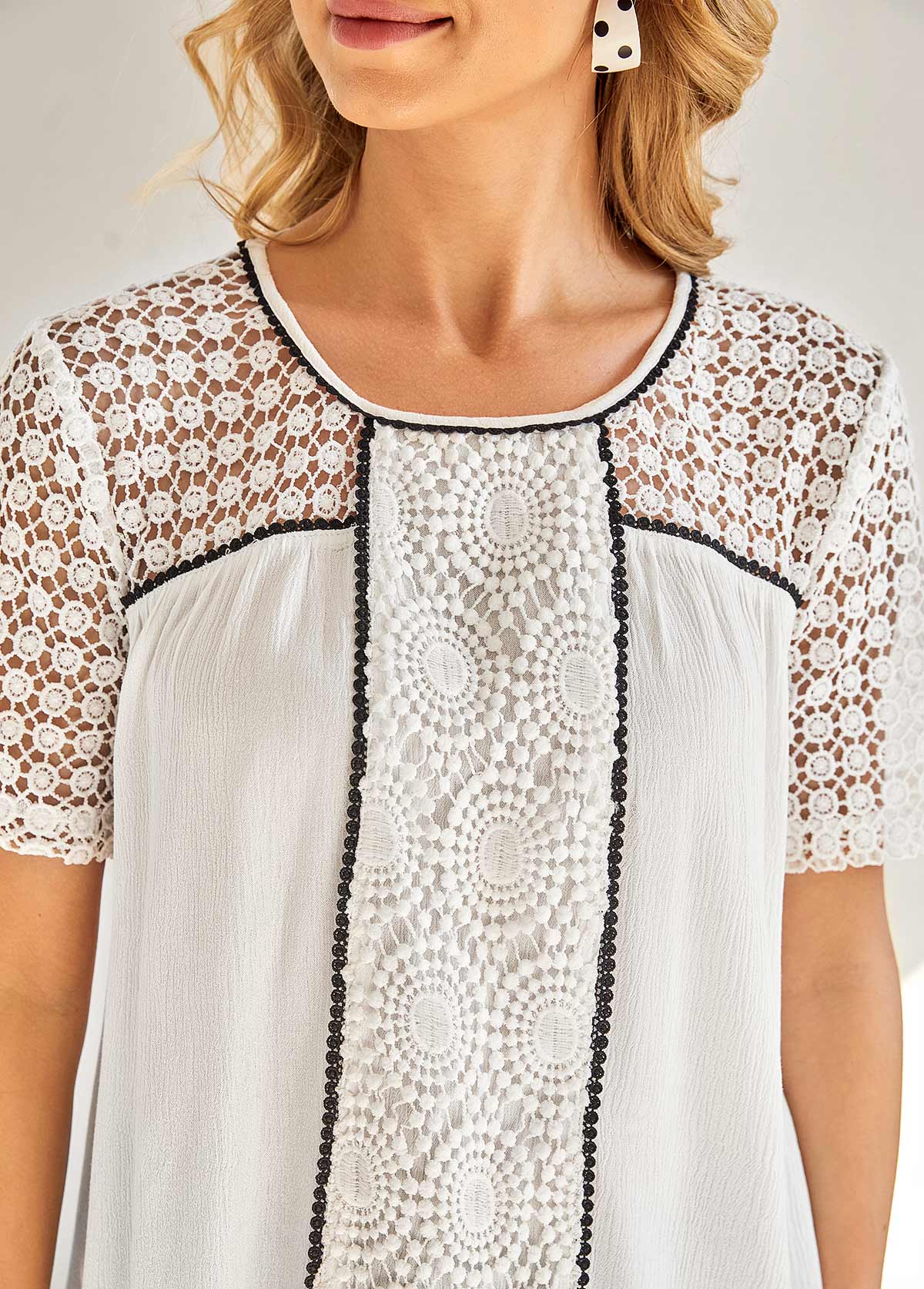 White tops,Contrast Color tops,ROTITA Lace Stitching Contrast Stitch White Blouse