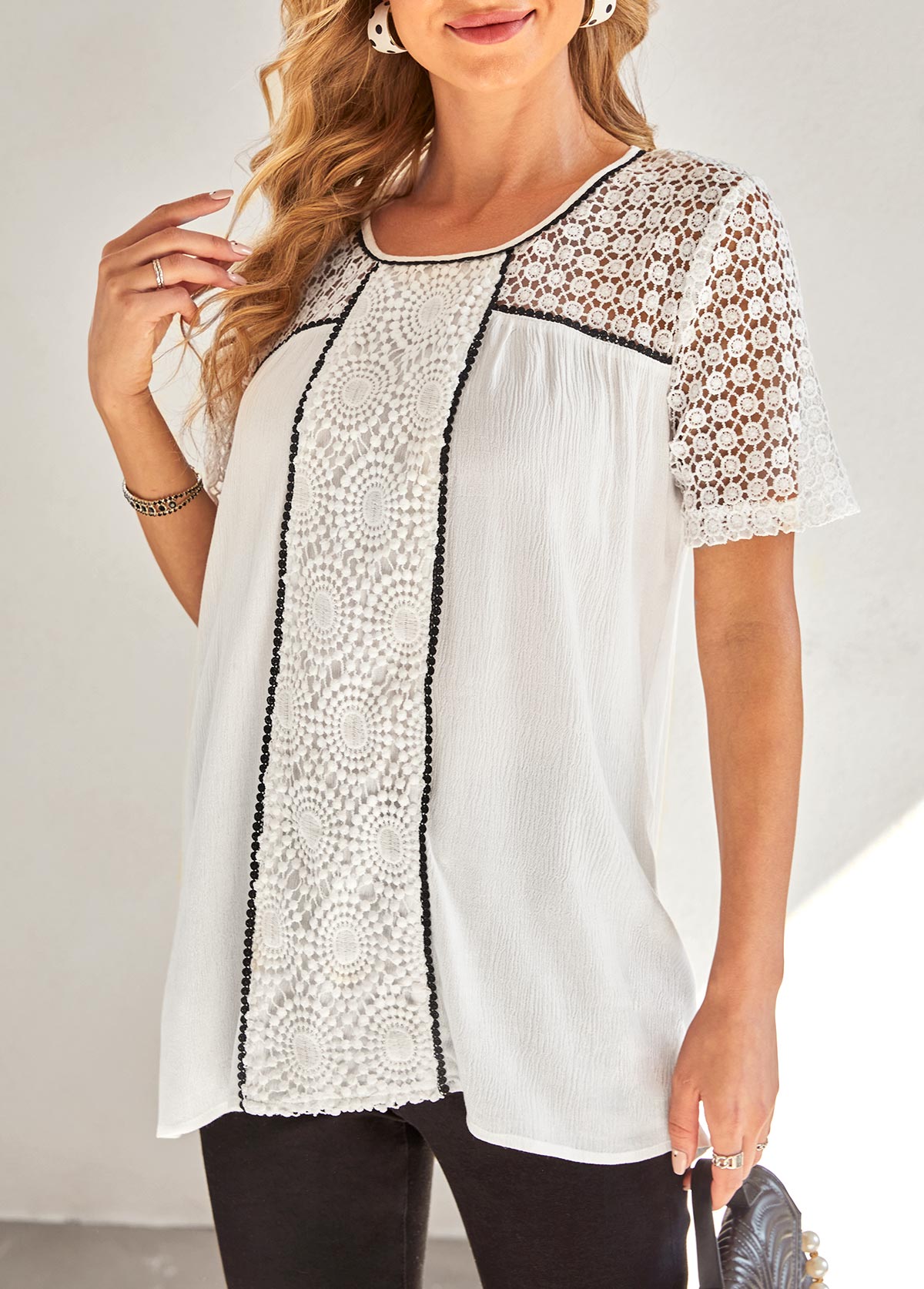 White tops,Contrast Color tops,ROTITA Lace Stitching Contrast Stitch White Blouse