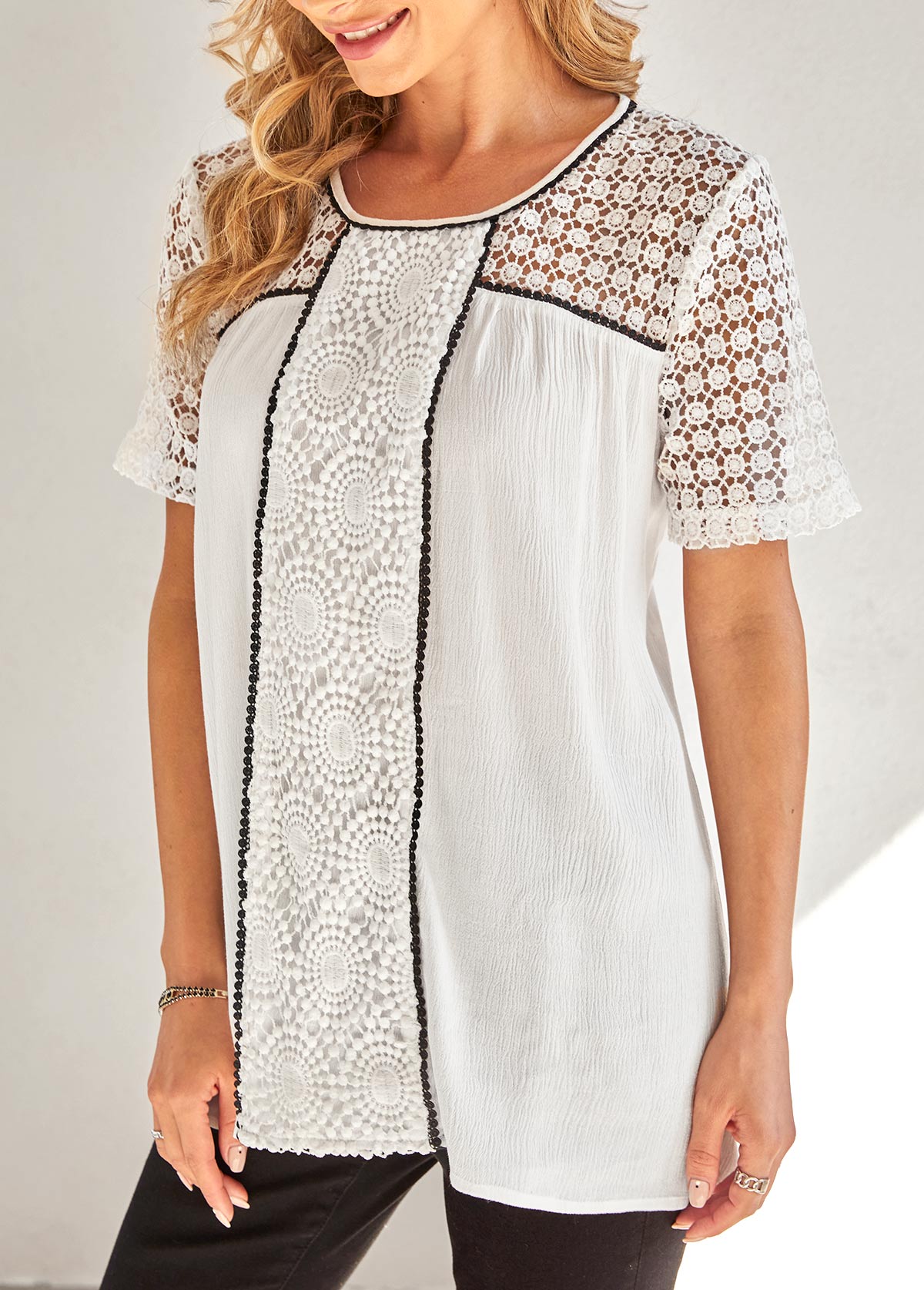 White tops,Contrast Color tops,ROTITA Lace Stitching Contrast Stitch White Blouse