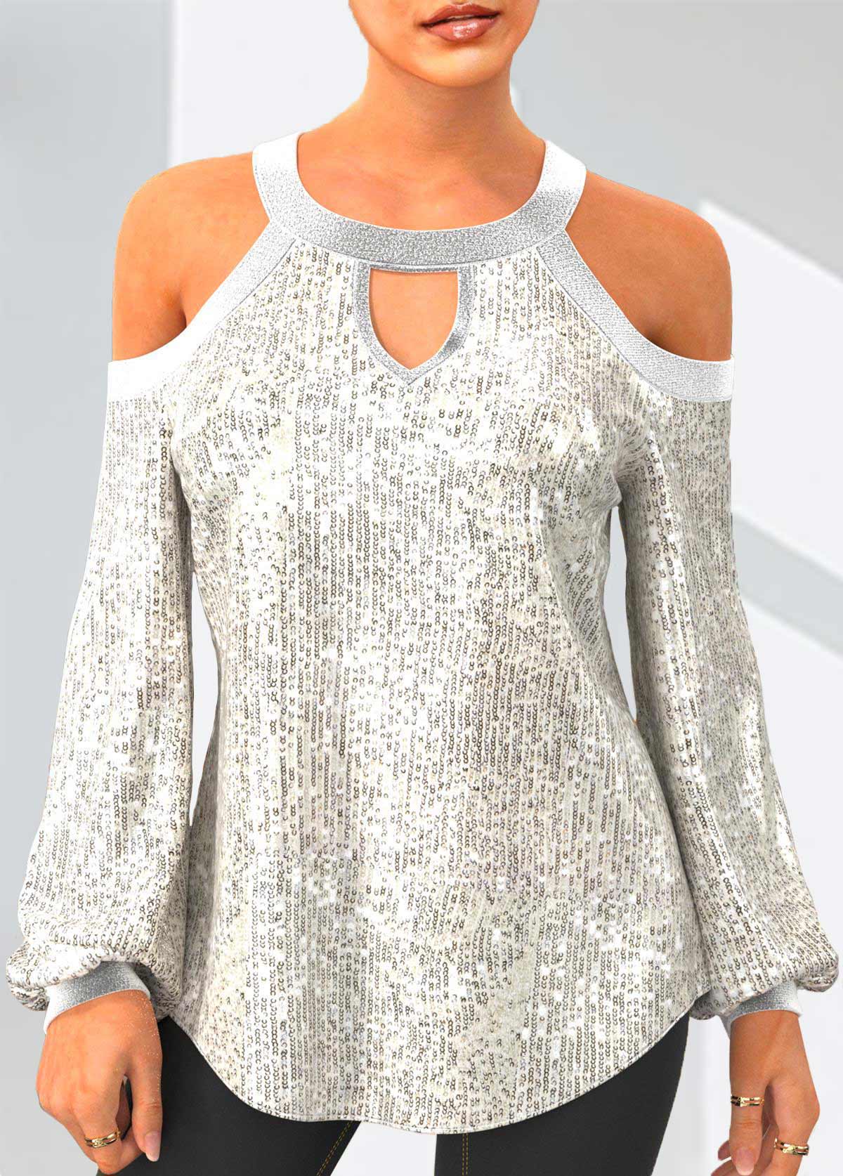 ROTITA Cold Shoulder Sequin Silver Long 