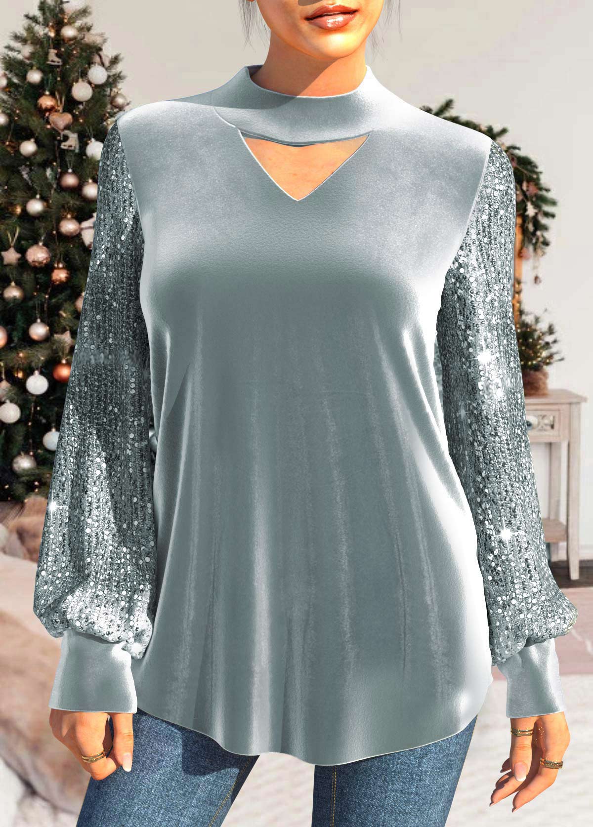 ROTITA Sequin Grey Velvet Stitching Long Sleeve T Shirt
