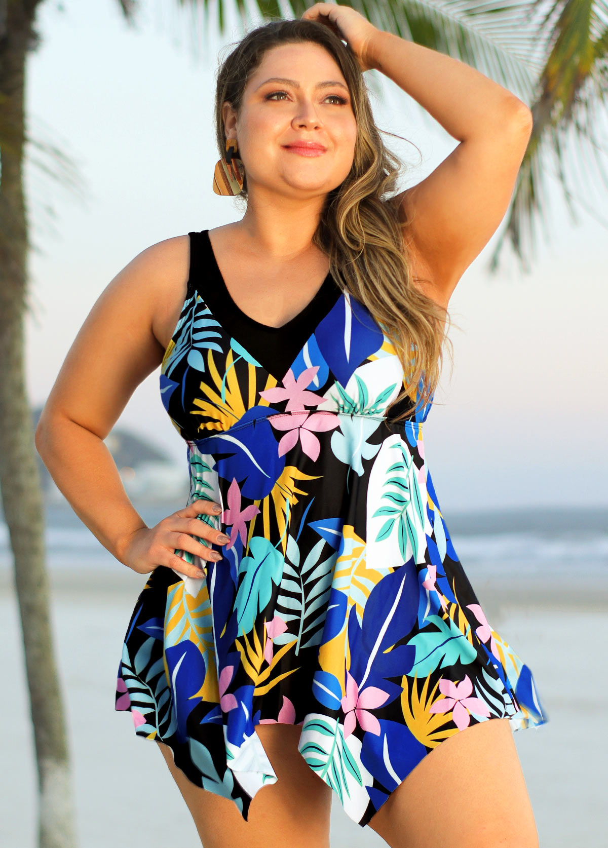 Multi Color plus size,Floral plus size,ROTITA Plus Size Leaf Print Hanky Hem Swimdress Top