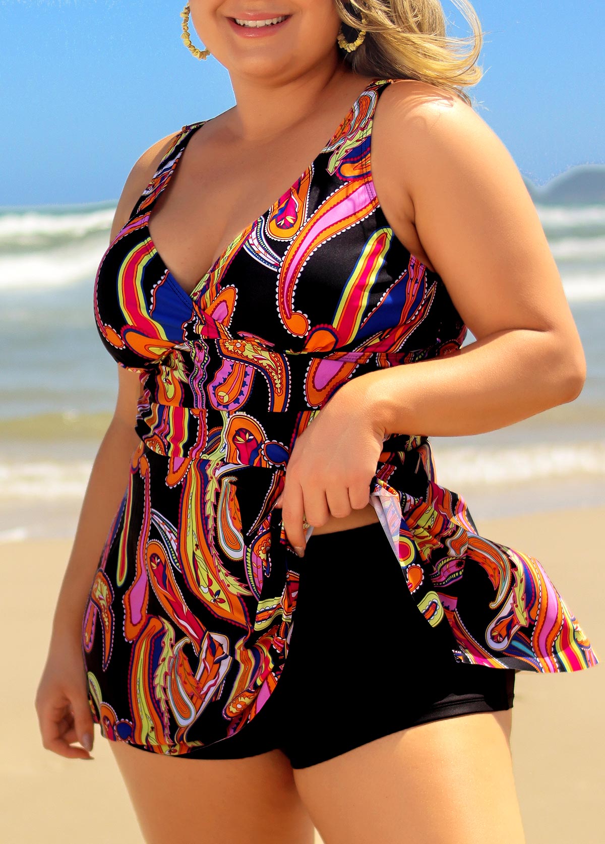 Multi Color plus size,Paisley plus size,ROTITA Plus Size Multi Color Paisley Print Swimdress Top