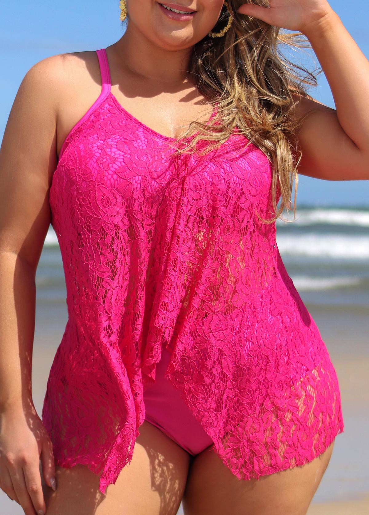 Hot Pink plus size,Plain Color plus size,ROTITA Plus Size Lace Hot Pink Tankini Set