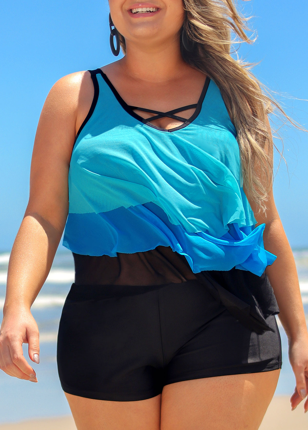 Blue plus size,Contrast Color plus size,ROTITA Plus Size Blue Layered Hem Cross Strap Tankini Top