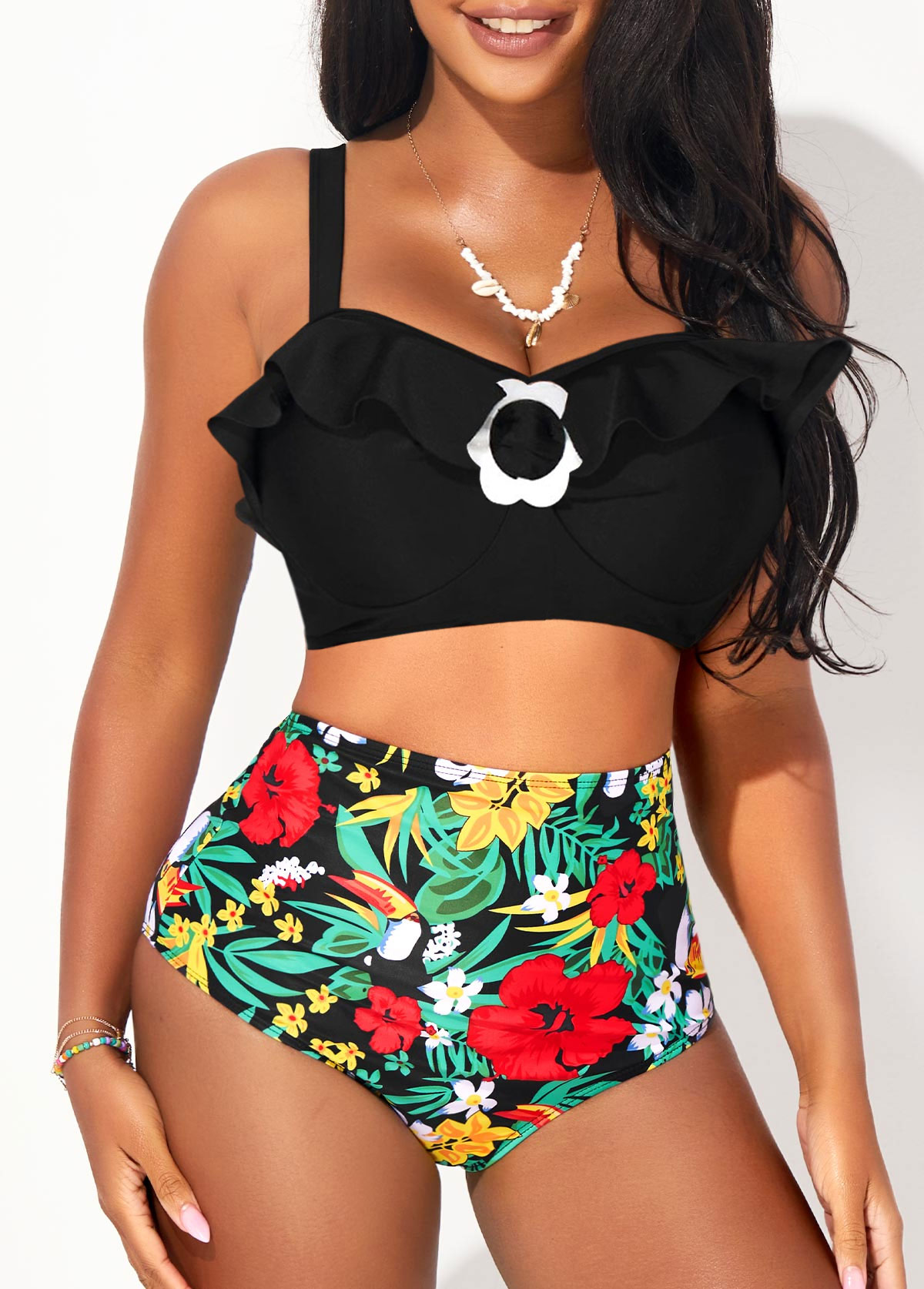 ROTITA Floral Print High Waist Decorative Ring Flounce Bikini Set