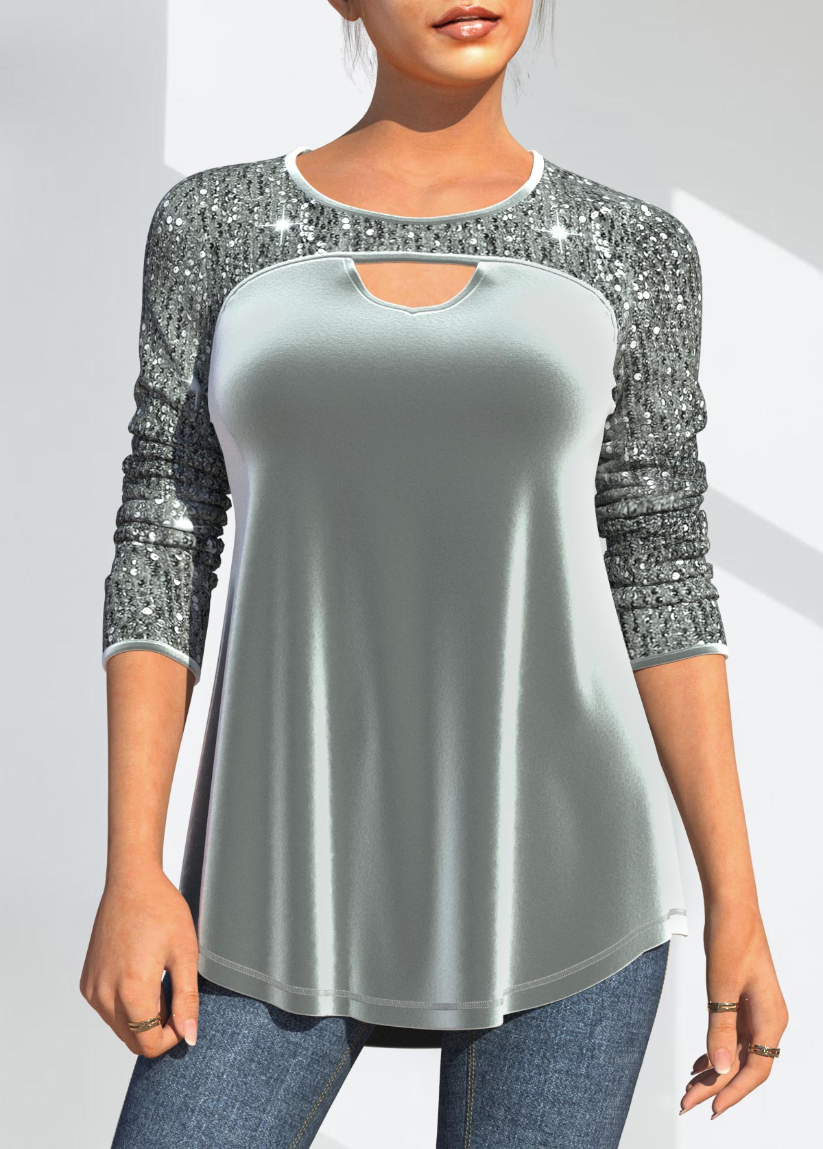 Grey tops,Plain Color tops,ROTITA Velvet Stitching Sequin Grey Cutout Design T Shirt