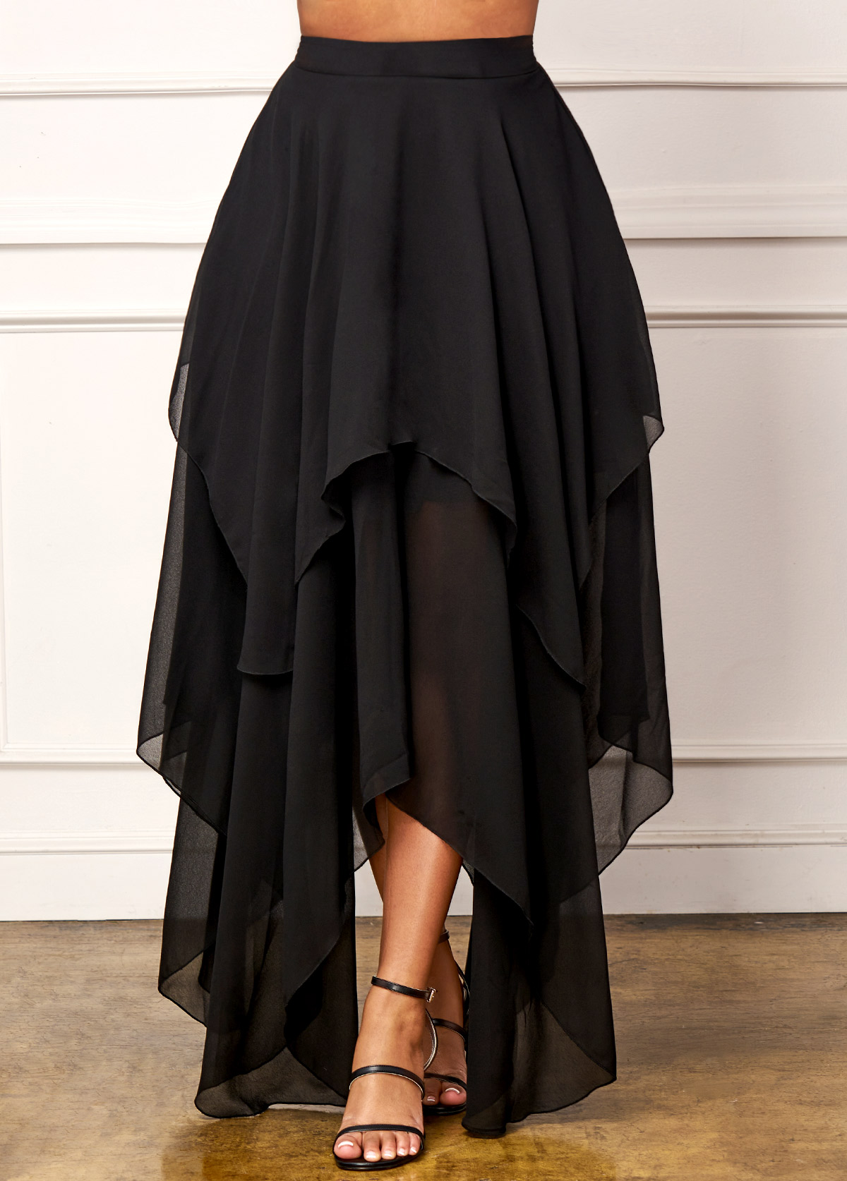 ROTITA Asymmetric Hem High Waist Black Skirt