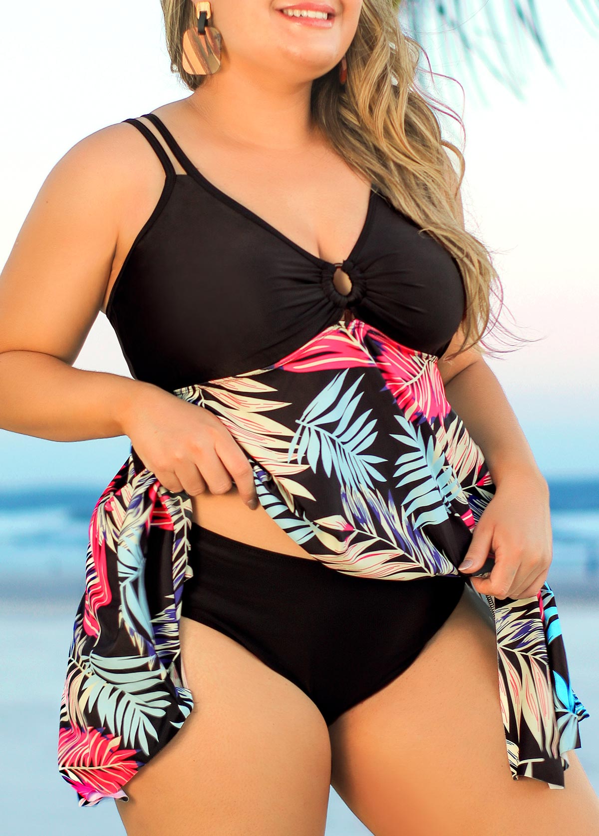 Black plus size,Plants plus size,ROTITA Black Plus Size Tropical Print Swimdress Top