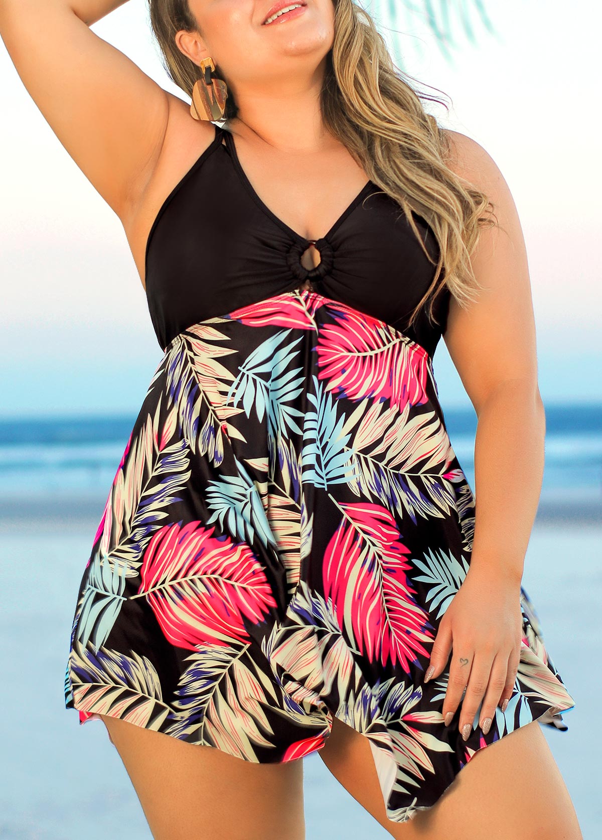 Black Plus Size Tropical Print Swimdress Set