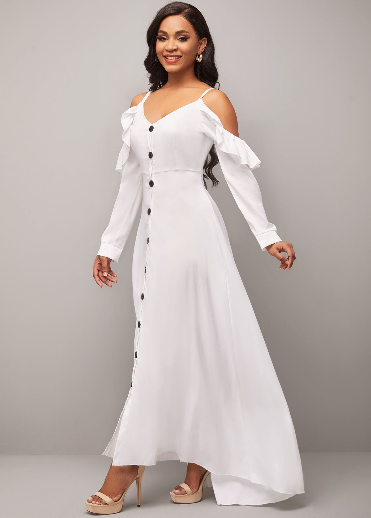 White dresses,Plain Color dresses,Strappy Cold Shoulder Flounce Decorative Button White Dress