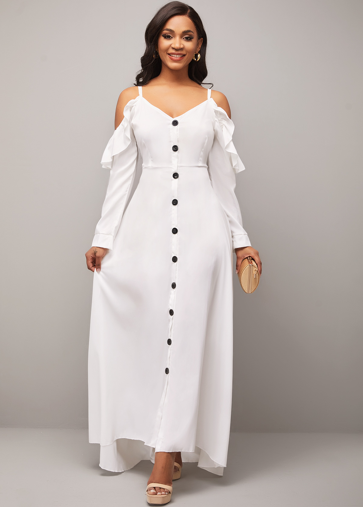 White dresses,Plain Color dresses,Strappy Cold Shoulder Flounce Decorative Button White Dress