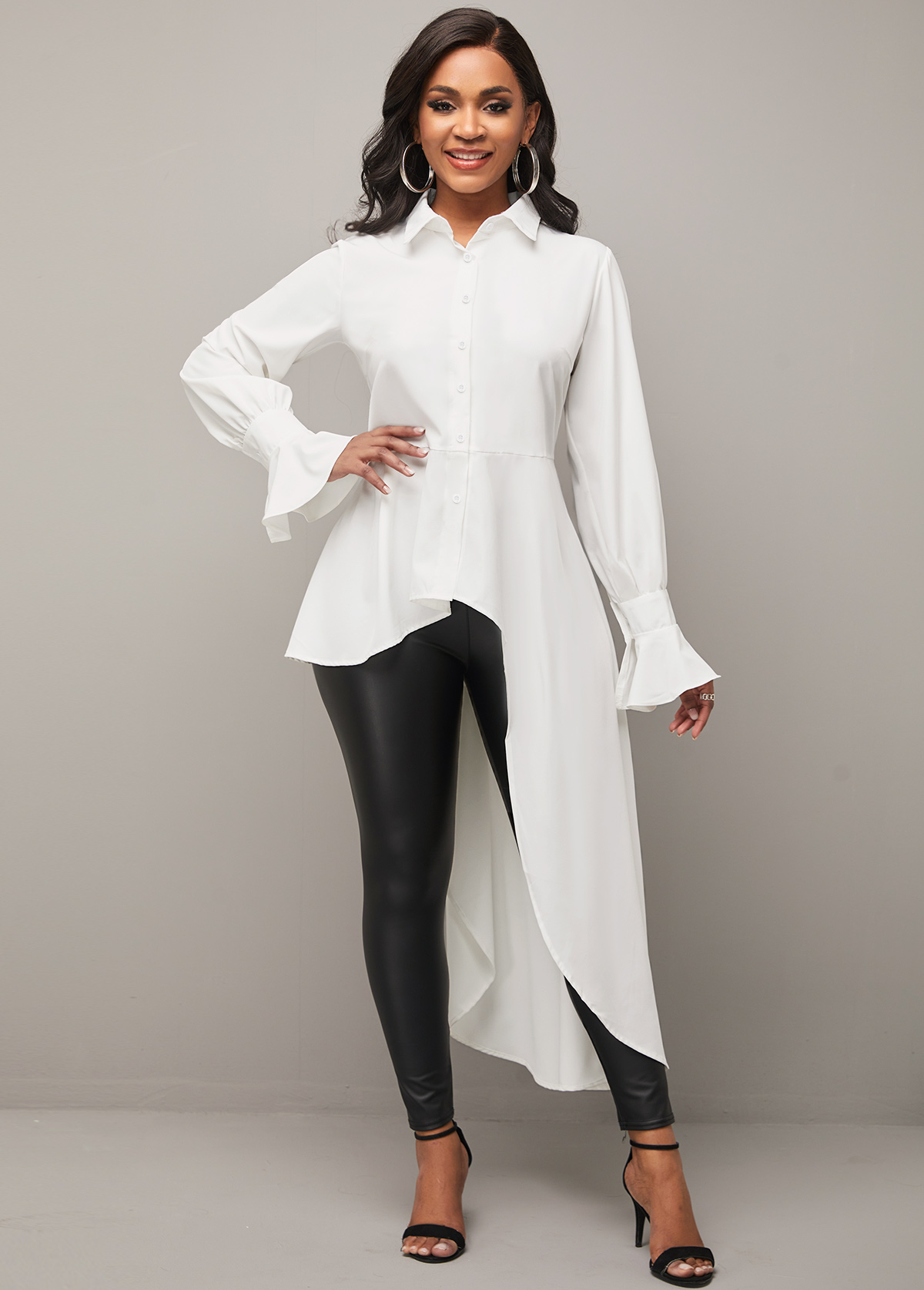 White tops,Plain Color tops,White Asymmetric Hem Turndown Collar Button Up Blouse