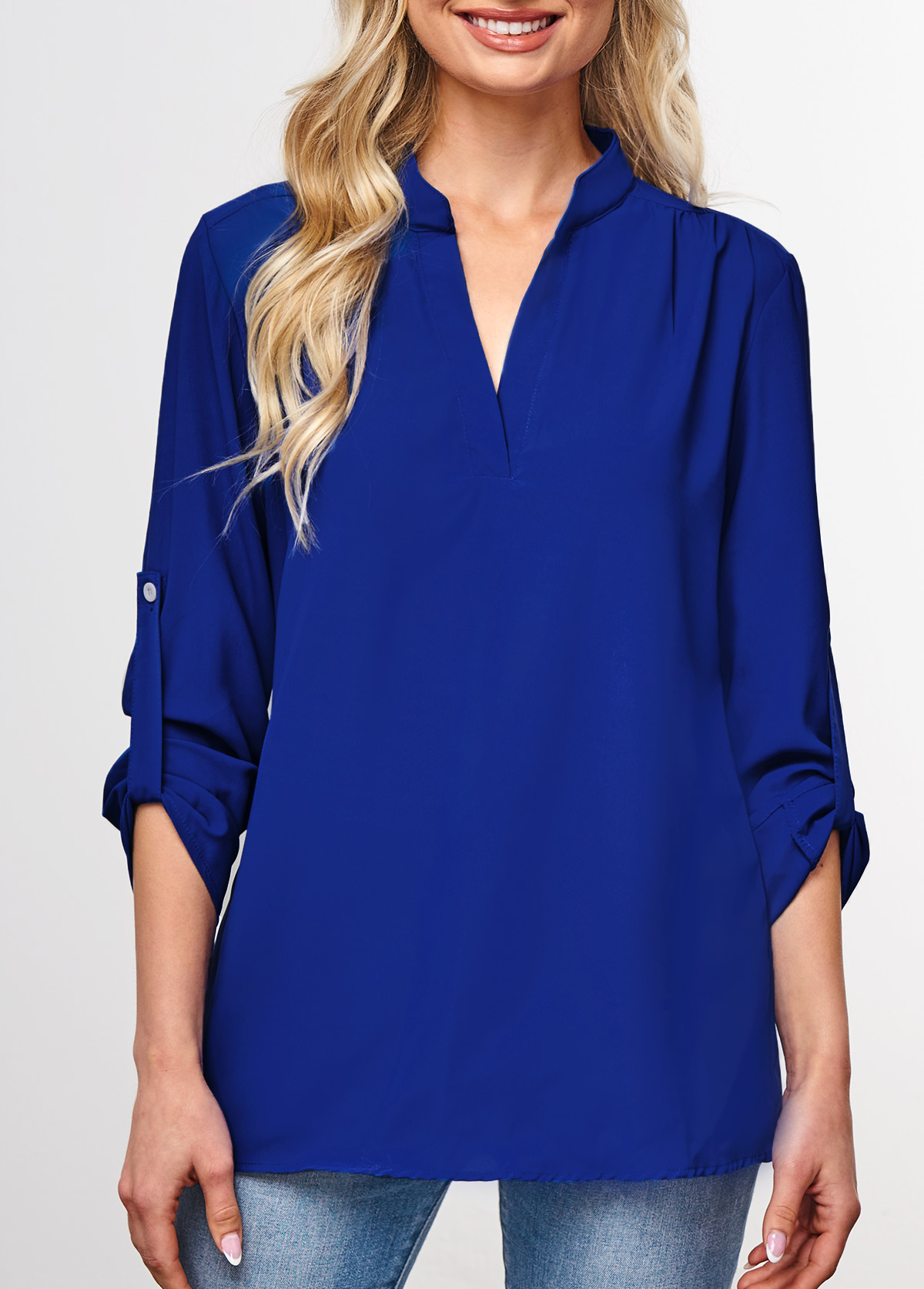 Royal Blue tops,Plain Color tops,ROTITA Roll Tab Sleeve Split Neck Royal Blue Blouse