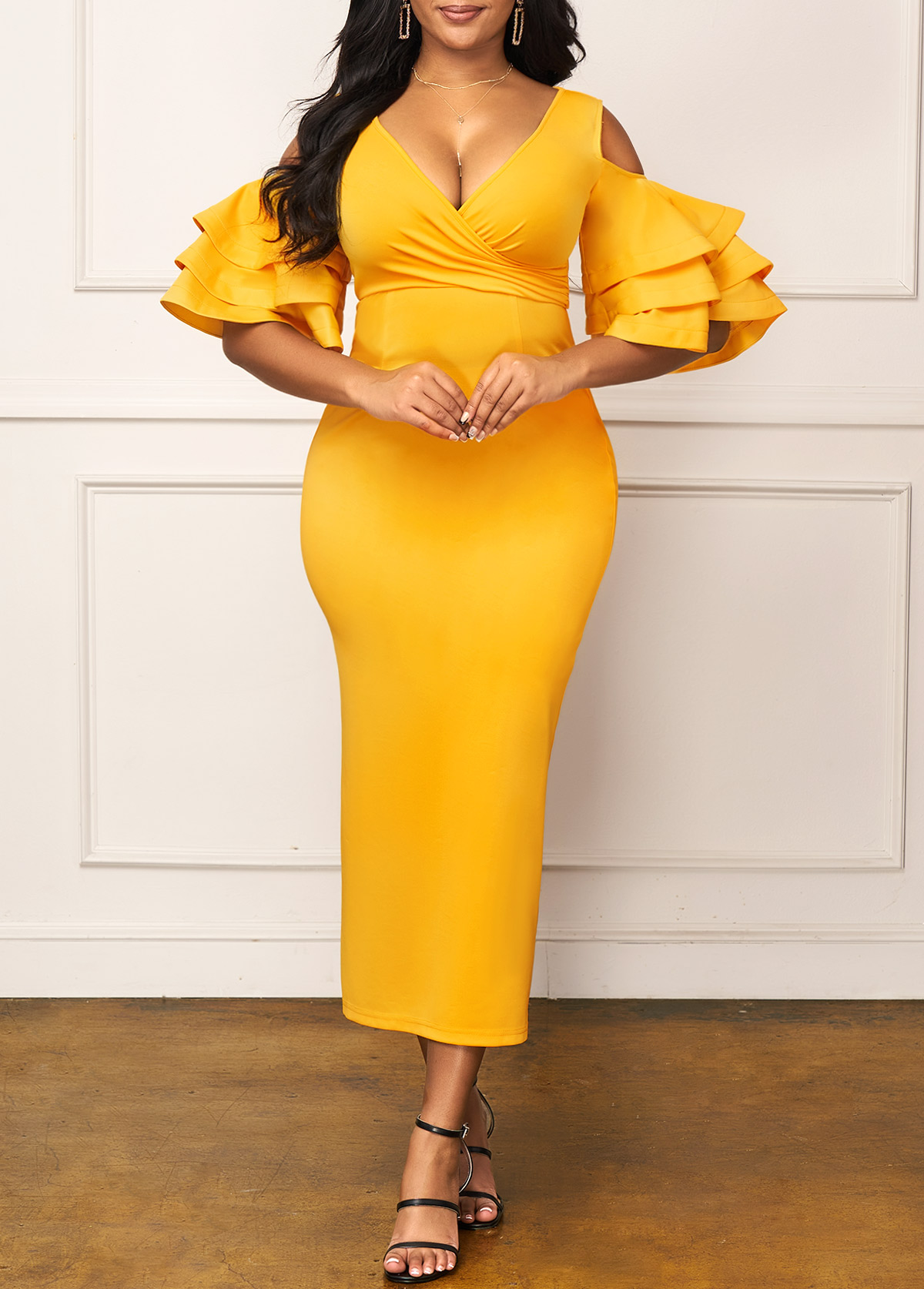 Yellow dresses,Plain Color dresses,ROTITA Layered Ruffle Sleeve Yellow Back Slit Dress