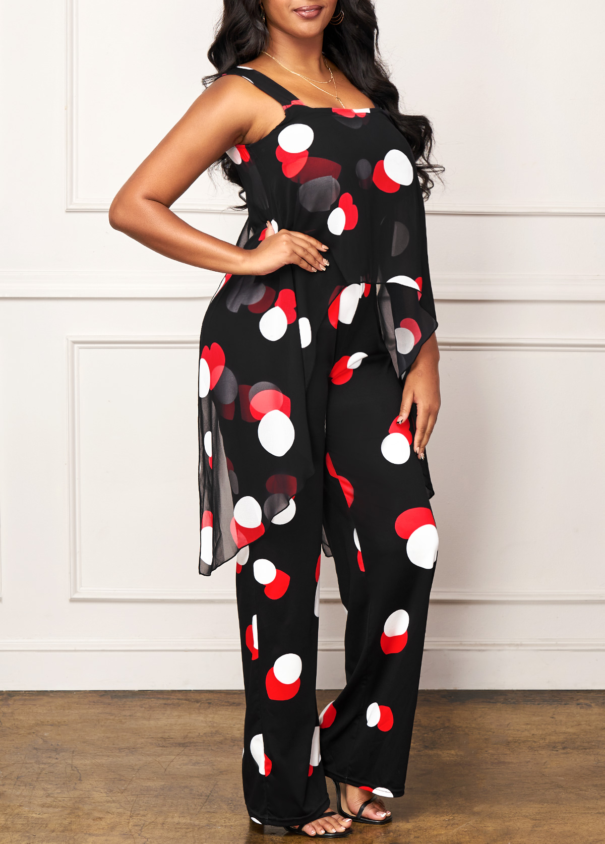 ROTITA Wide Strap Black Polka Dot Jumpsuit
