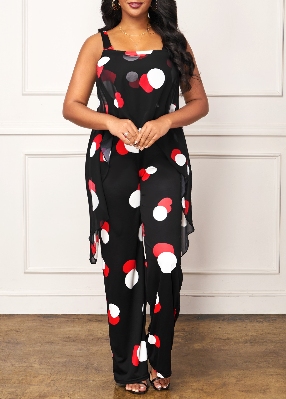 Black jumpsuits & rompers,Dot jumpsuits & rompers,ROTITA Wide Strap Black Polka Dot Jumpsuit