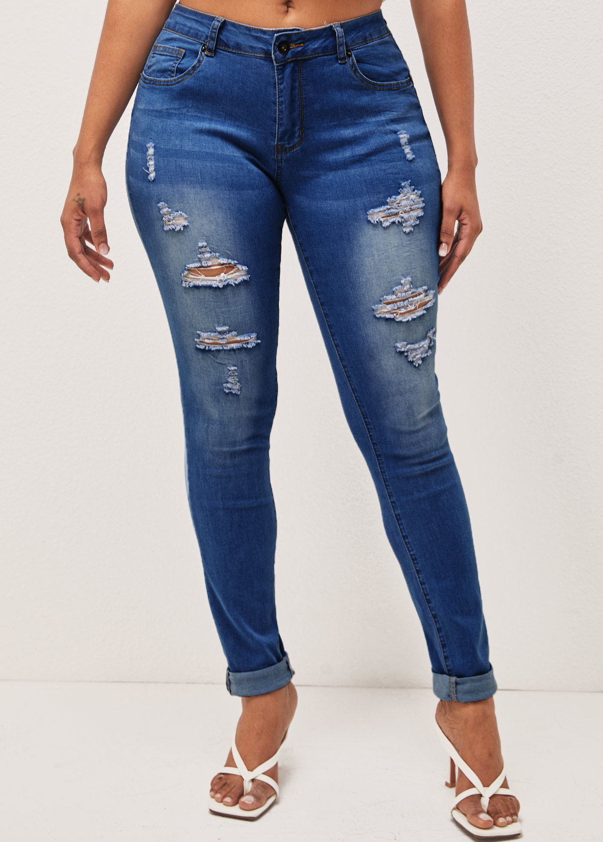 Shredded Pocket Skinny Mid Waist Denim Blue Jeans