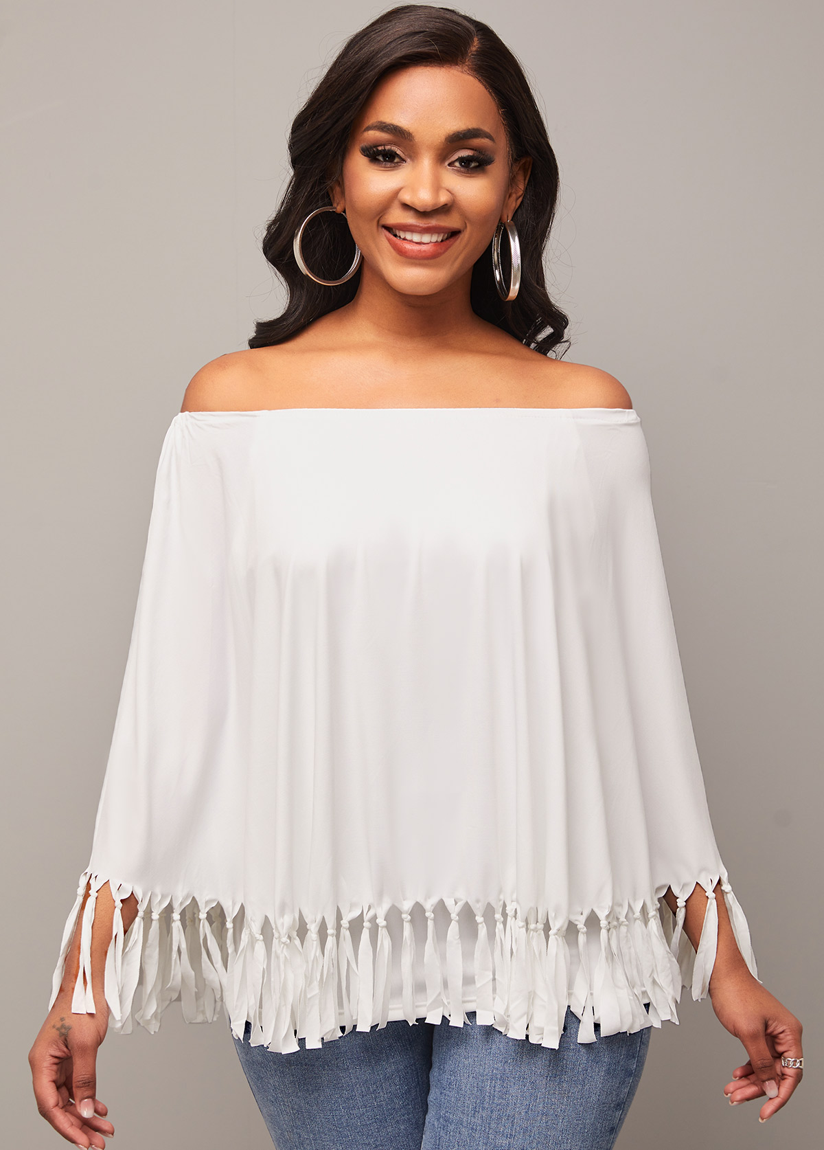 White tops,Plain Color tops,Off Shoulder Tassel White Layered T Shirt