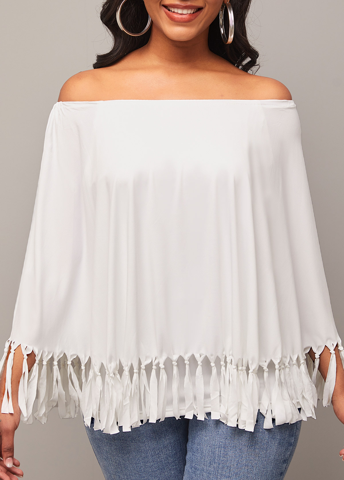 White tops,Plain Color tops,Off Shoulder Tassel White Layered T Shirt