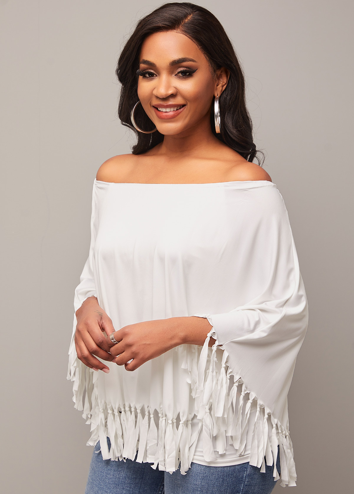White tops,Plain Color tops,Off Shoulder Tassel White Layered T Shirt