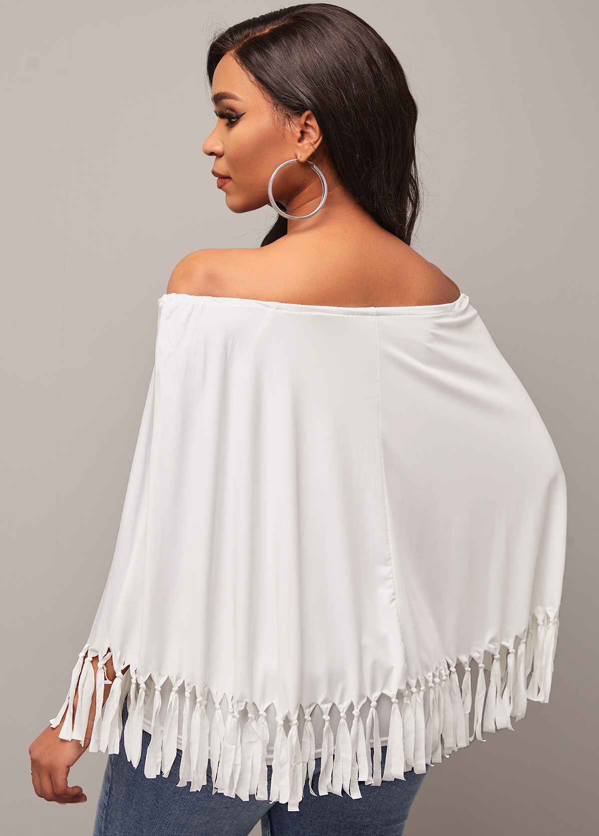 White tops,Plain Color tops,Off Shoulder Tassel White Layered T Shirt