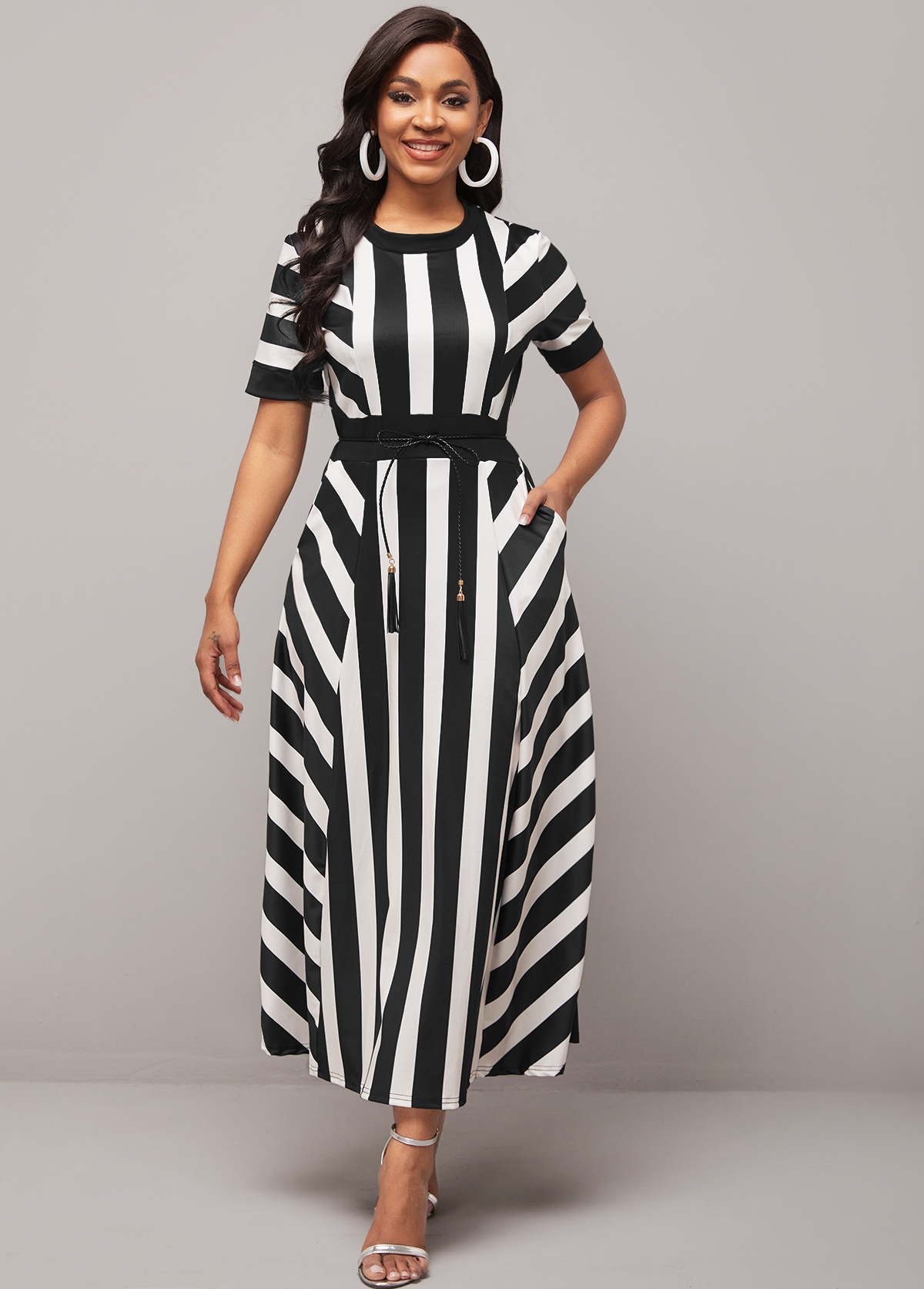 Striped Belted Round Neck Color Block Dress