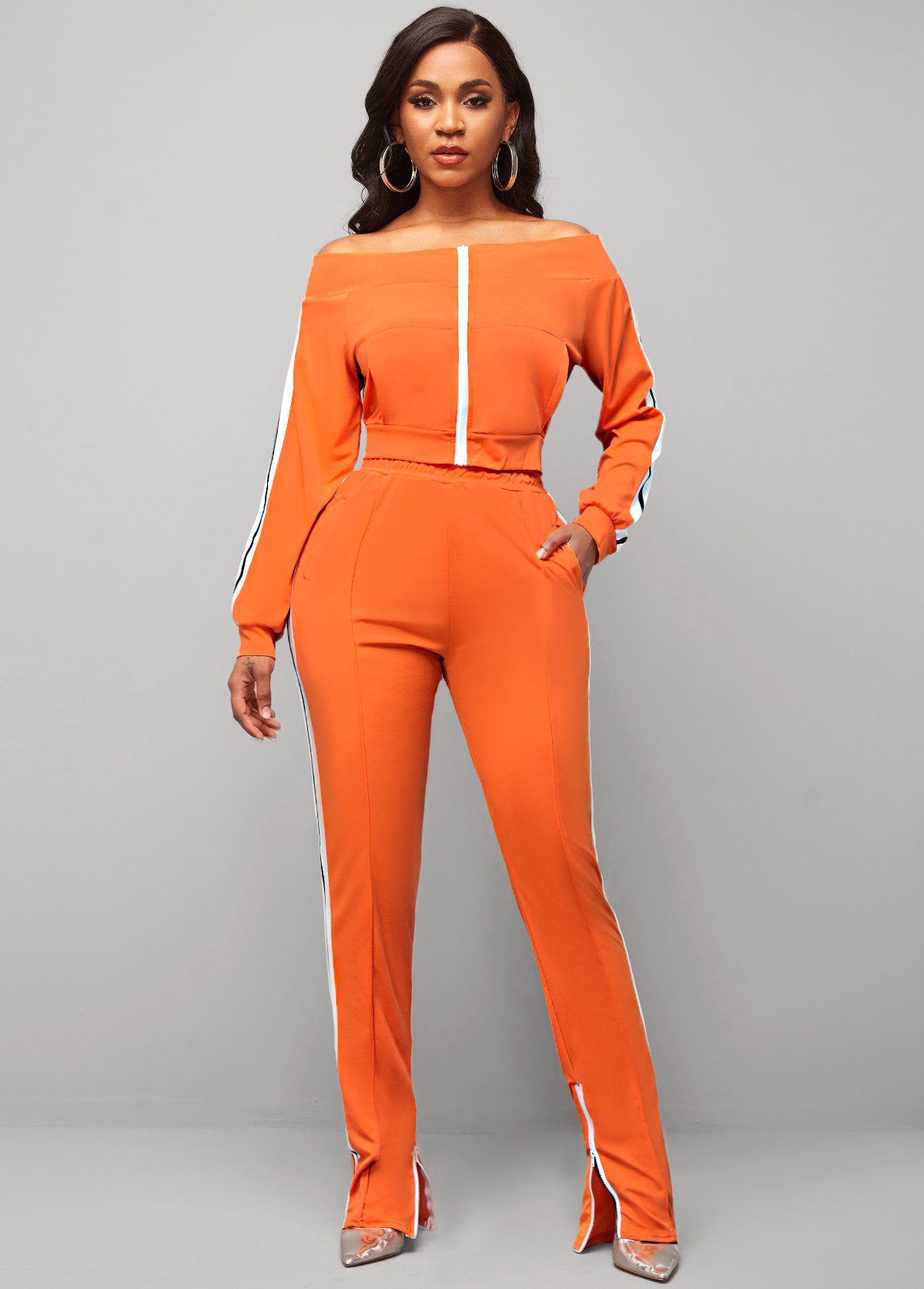 Zipper Closure Off Shoulder Orange Contrast Sweatsuit Set