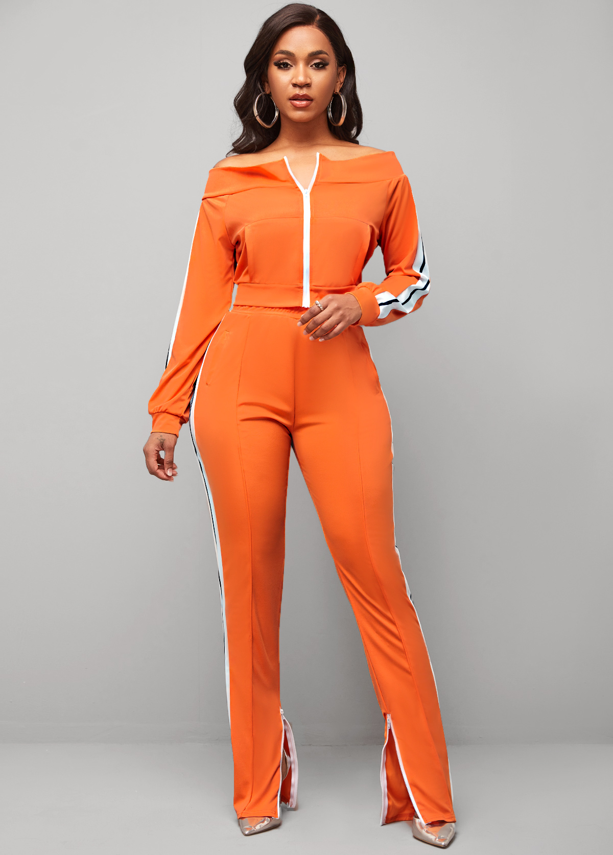 Orange jumpsuits & rompers,Plain Color jumpsuits & rompers,Zipper Closure Off Shoulder Orange Contrast Sweatsuit Set
