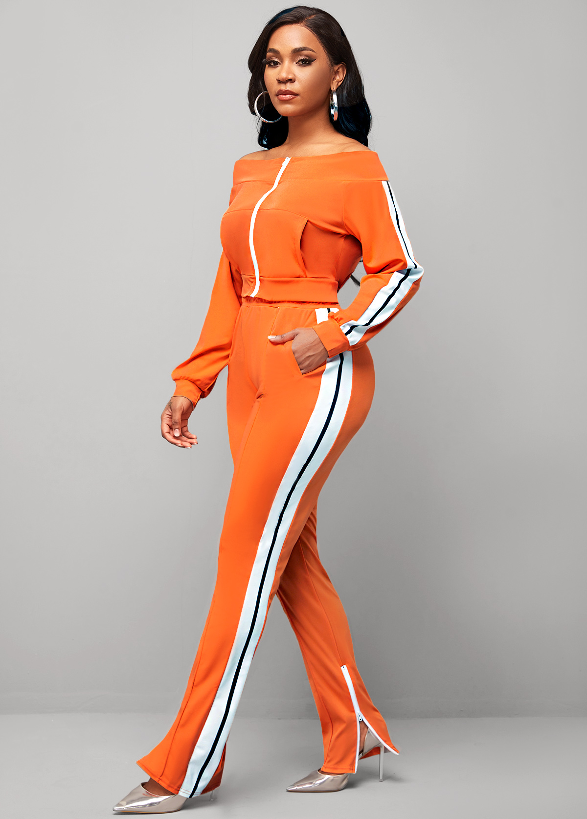 Orange jumpsuits & rompers,Plain Color jumpsuits & rompers,Zipper Closure Off Shoulder Orange Contrast Sweatsuit Set