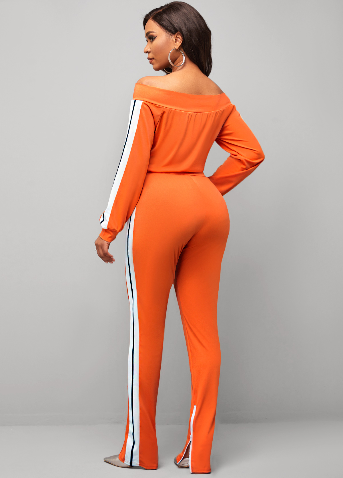 Orange jumpsuits & rompers,Plain Color jumpsuits & rompers,Zipper Closure Off Shoulder Orange Contrast Sweatsuit Set