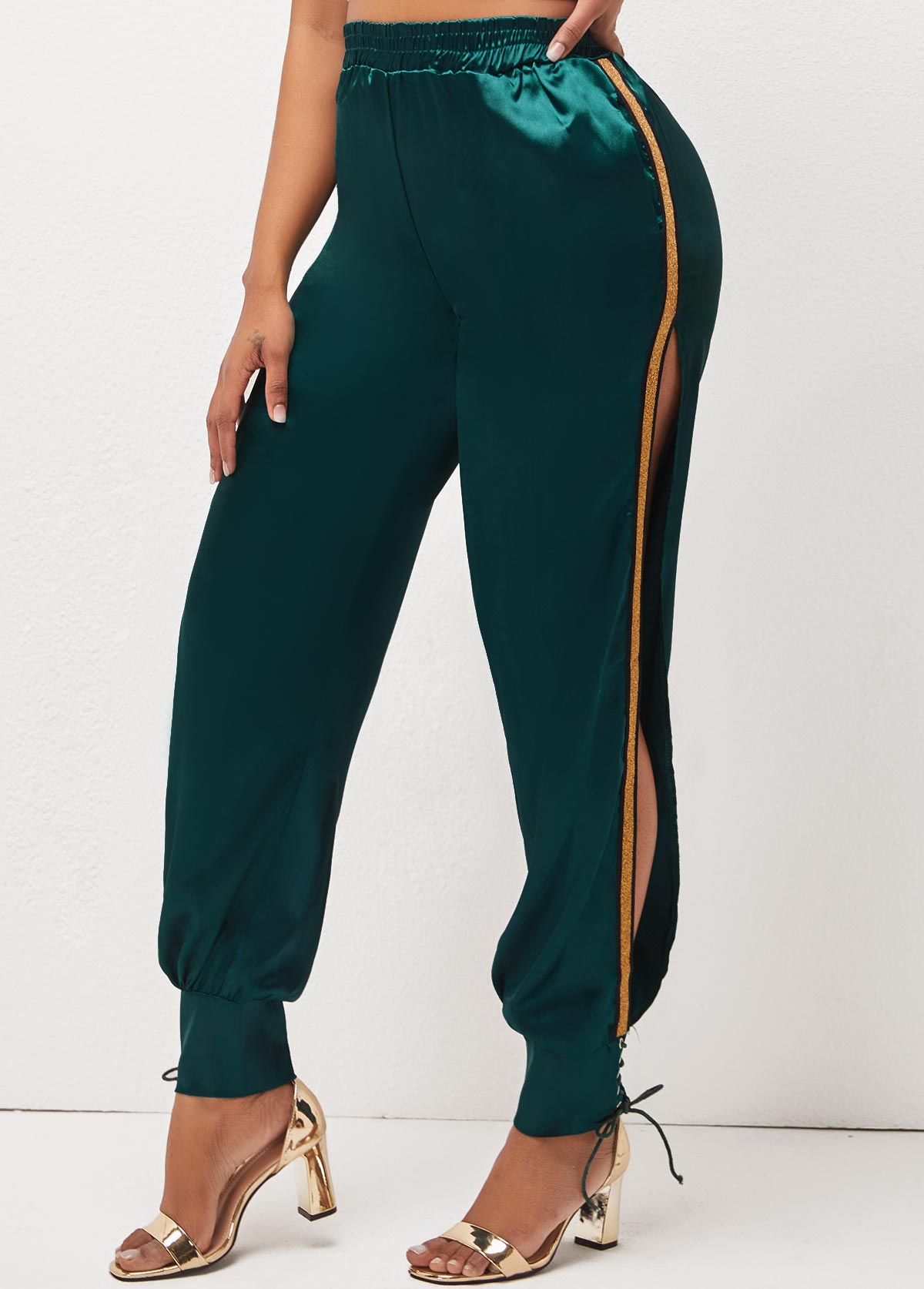 Blackish Green bottoms,Contrast Color bottoms,Lace Up Dark Green Side Slit Pants